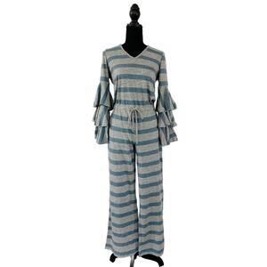 NWT Chaser Revolve Tiered Bell Statement Sleeve Blue Heather Gray Jumpsuit Small